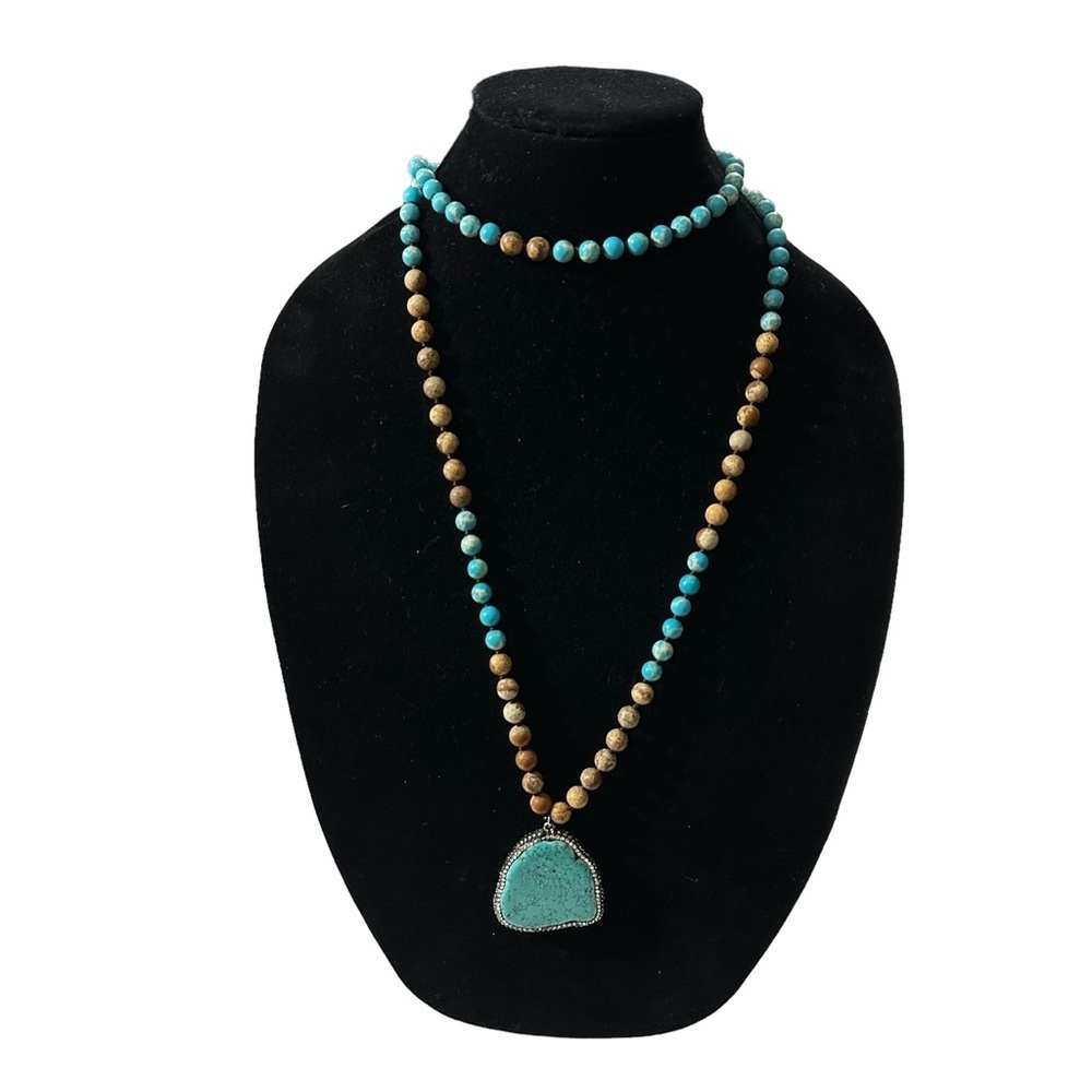 Brown Jasper Turquoise Beaded & Crystal Encrusted Turquoise Pendant Necklace 42”